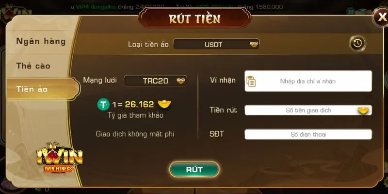 Rút tiền iWin 2 Giao diện rút tiền iWin bằng ví tiền ảo tại hệ thống