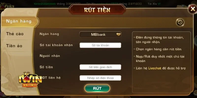 Rút tiền iWin 1 Giao diện rút tiền từ cổng game thông qua ngân hàng